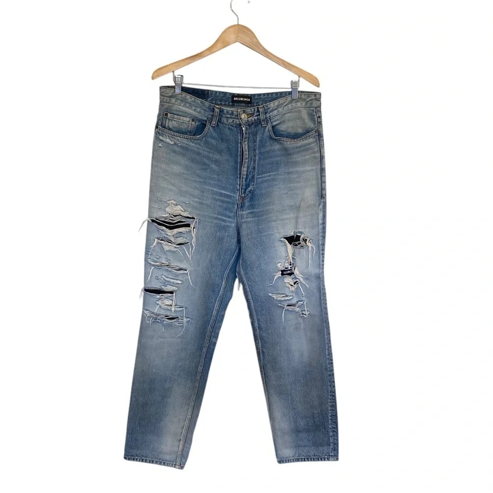 Balenciaga Distressed Ripped Logo Blue Jeans 2020 Size 34